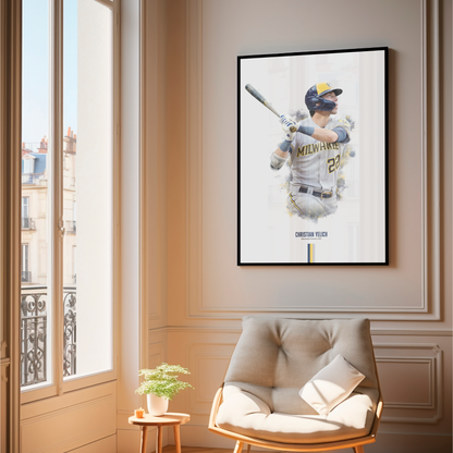 framed poster mockup of baseball player christian yelich hanging in a living room