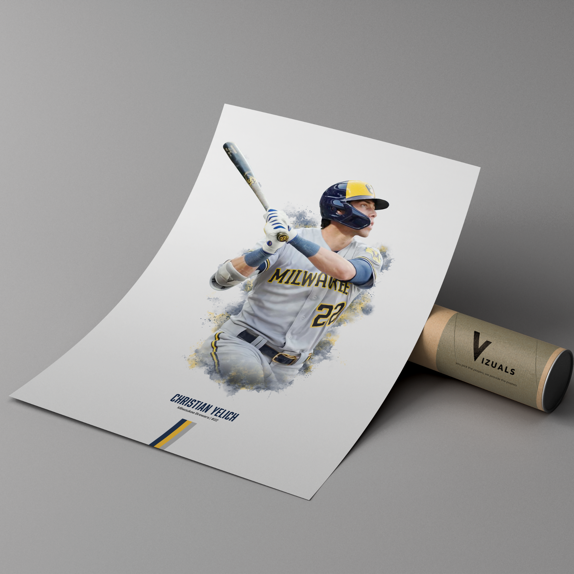 poster mockup of baseball player christian yelich leaning on a cardboard tube