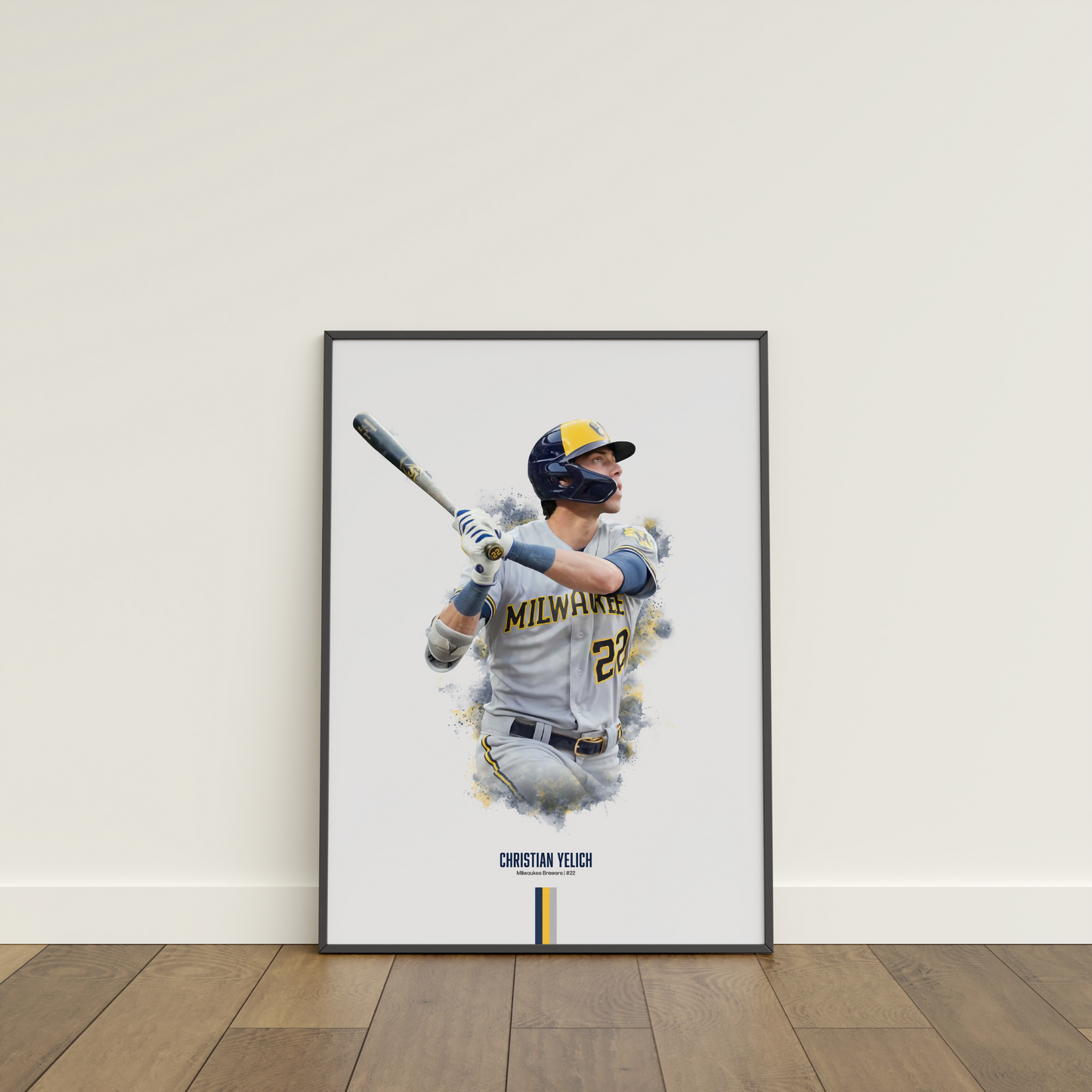 framed poster mockup of baseball player christian yelich leaning on a white wall