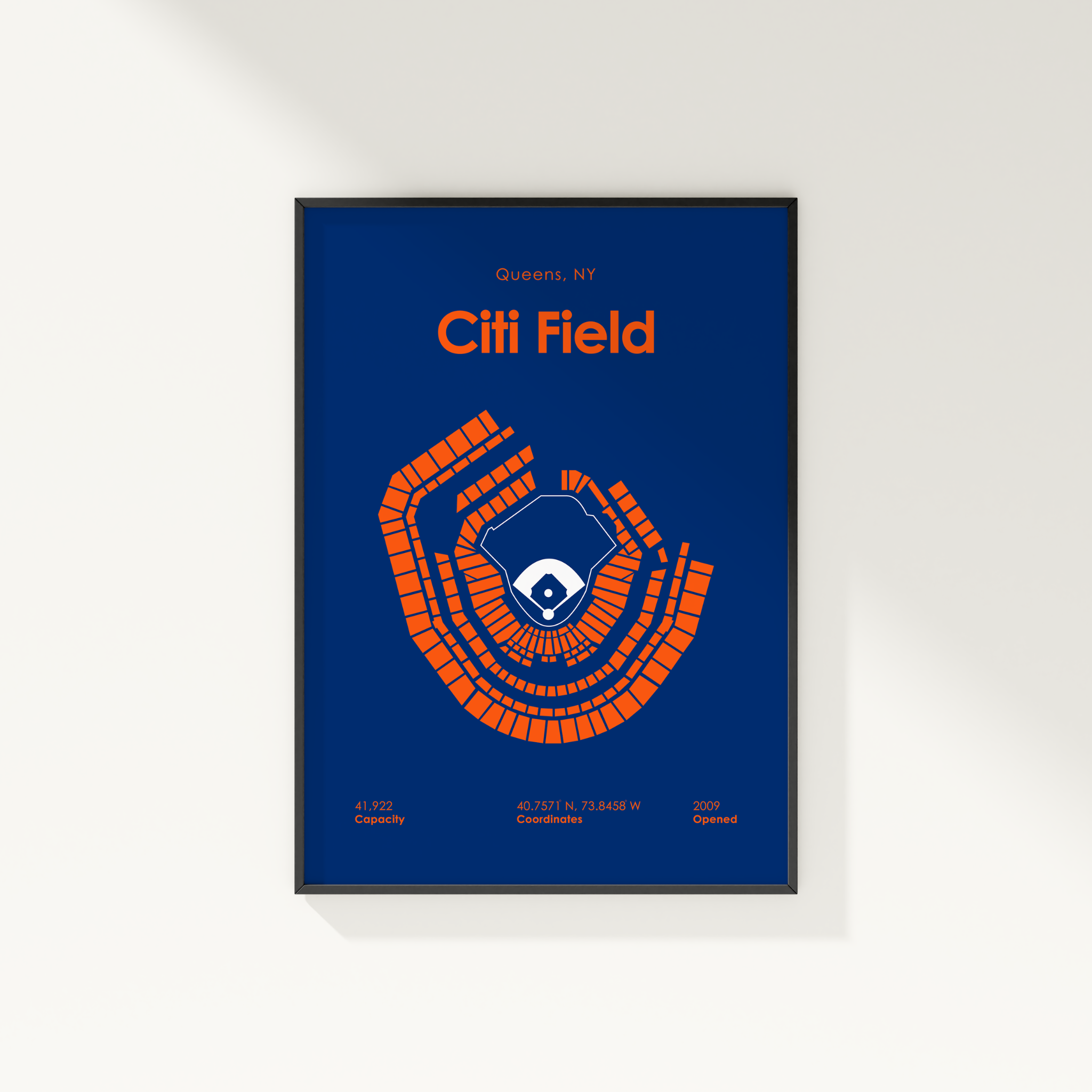 Framed poster of Citi Field with blue background and orange text