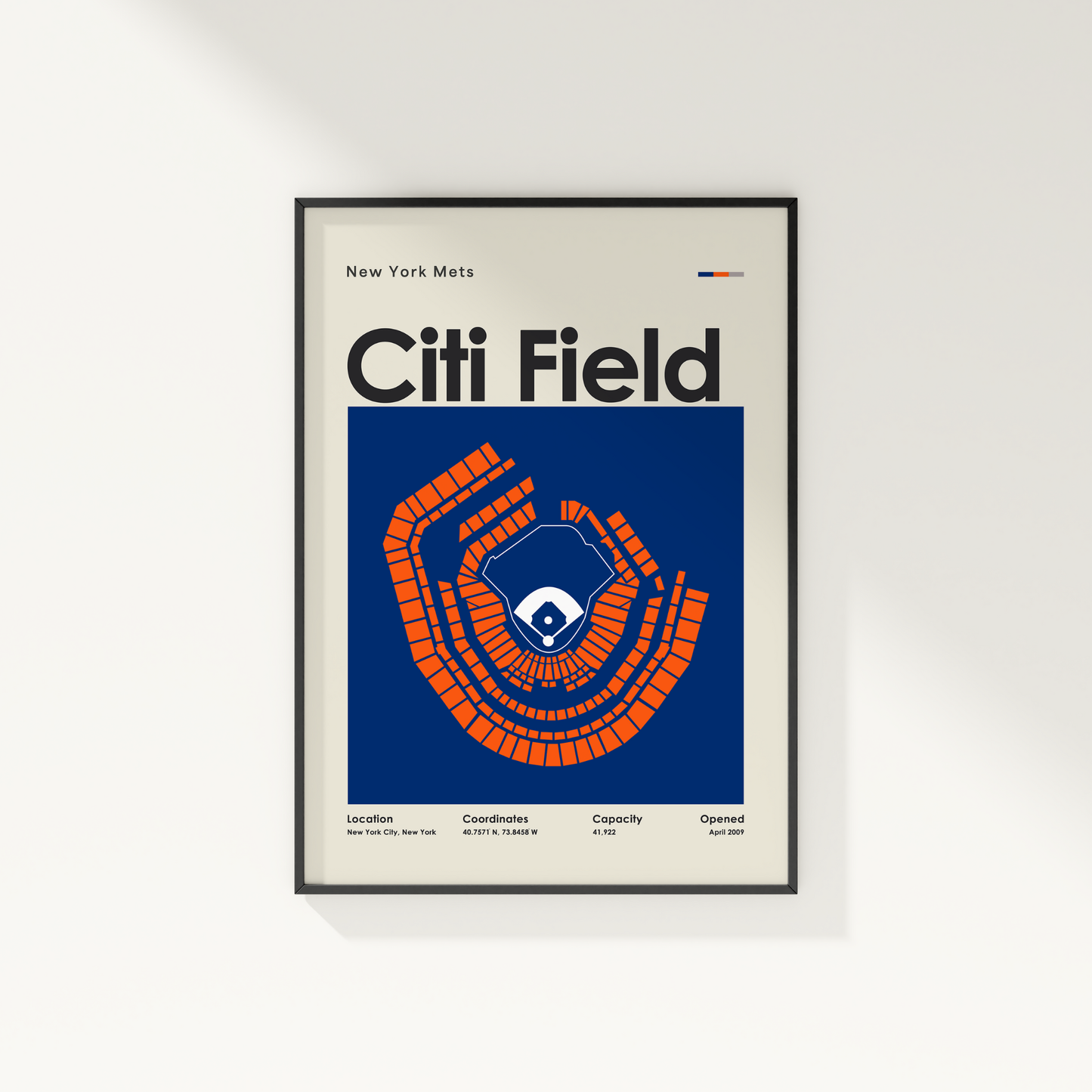 Framed poster of Citi Field with New York Mets logo on a white wall