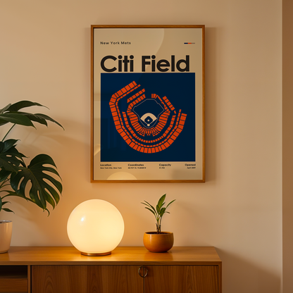 Framed poster of Citi Field on a wall above a wooden cabinet with decorative plants and a lamp.