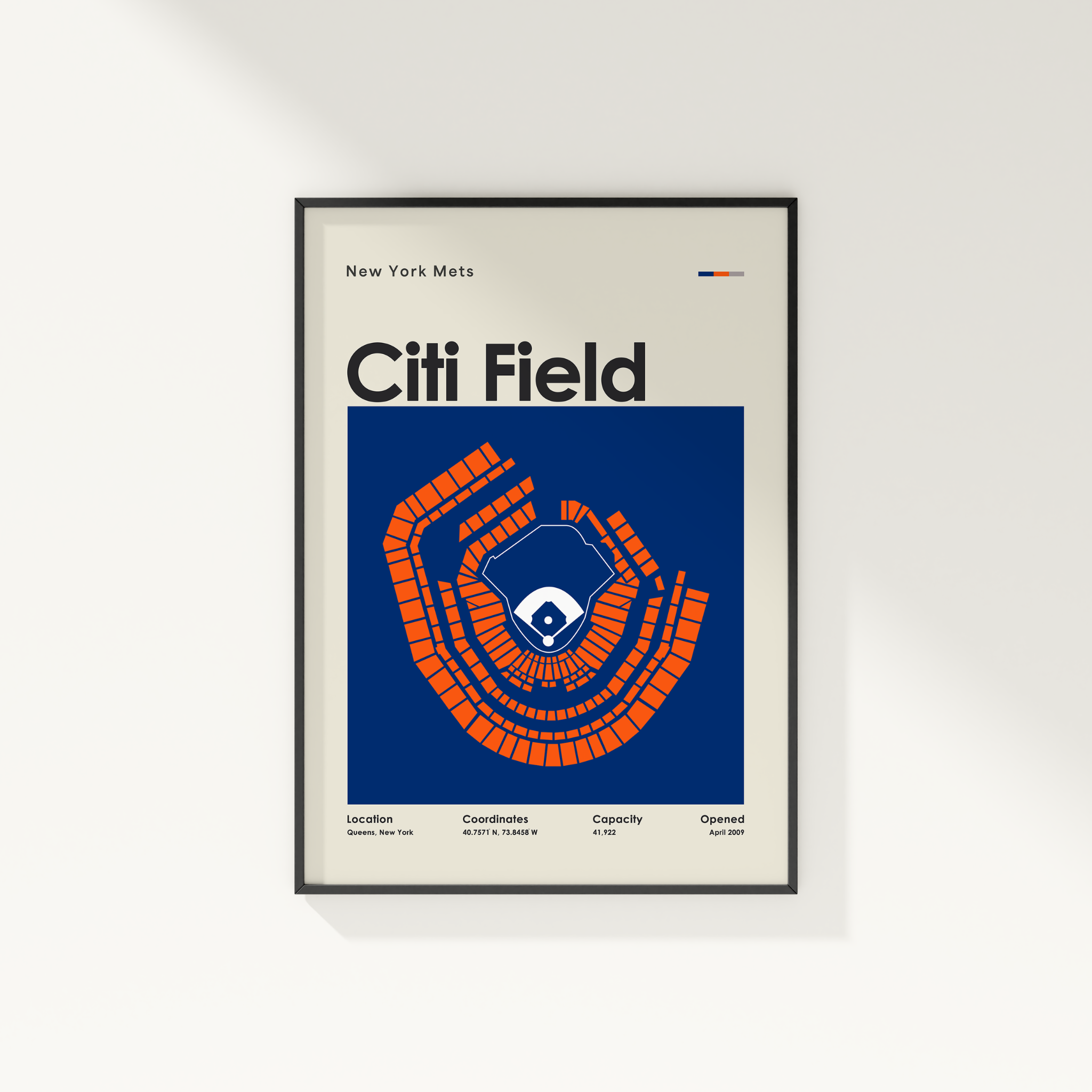 Framed poster of Citi Field with New York Mets logo on a white wall