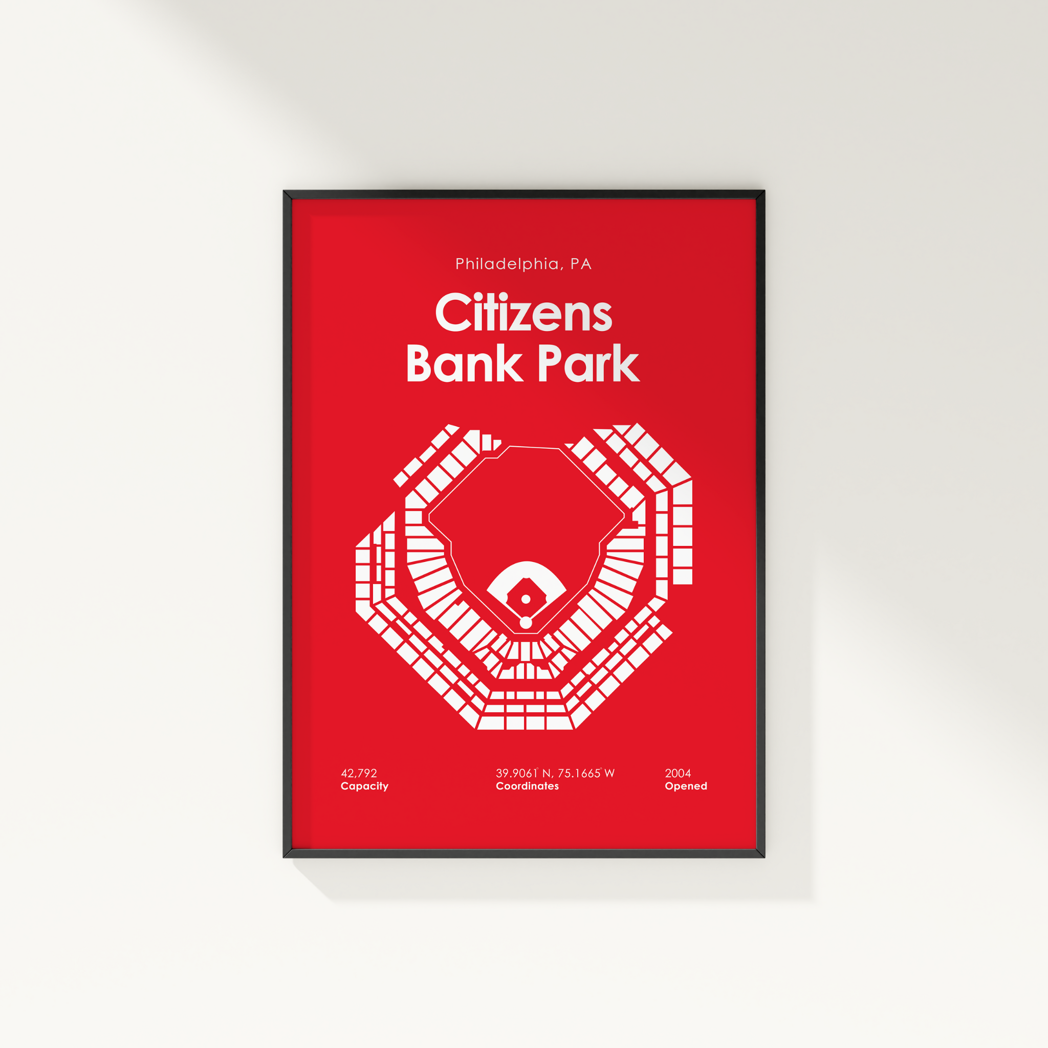 Framed poster of Citizens Bank Park with red background and white text.