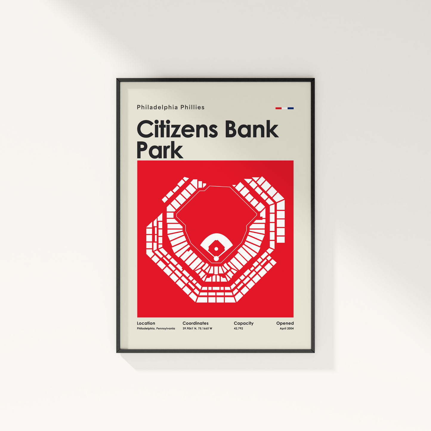 Framed poster of Citizens Bank Park with red and white design on a light gray background