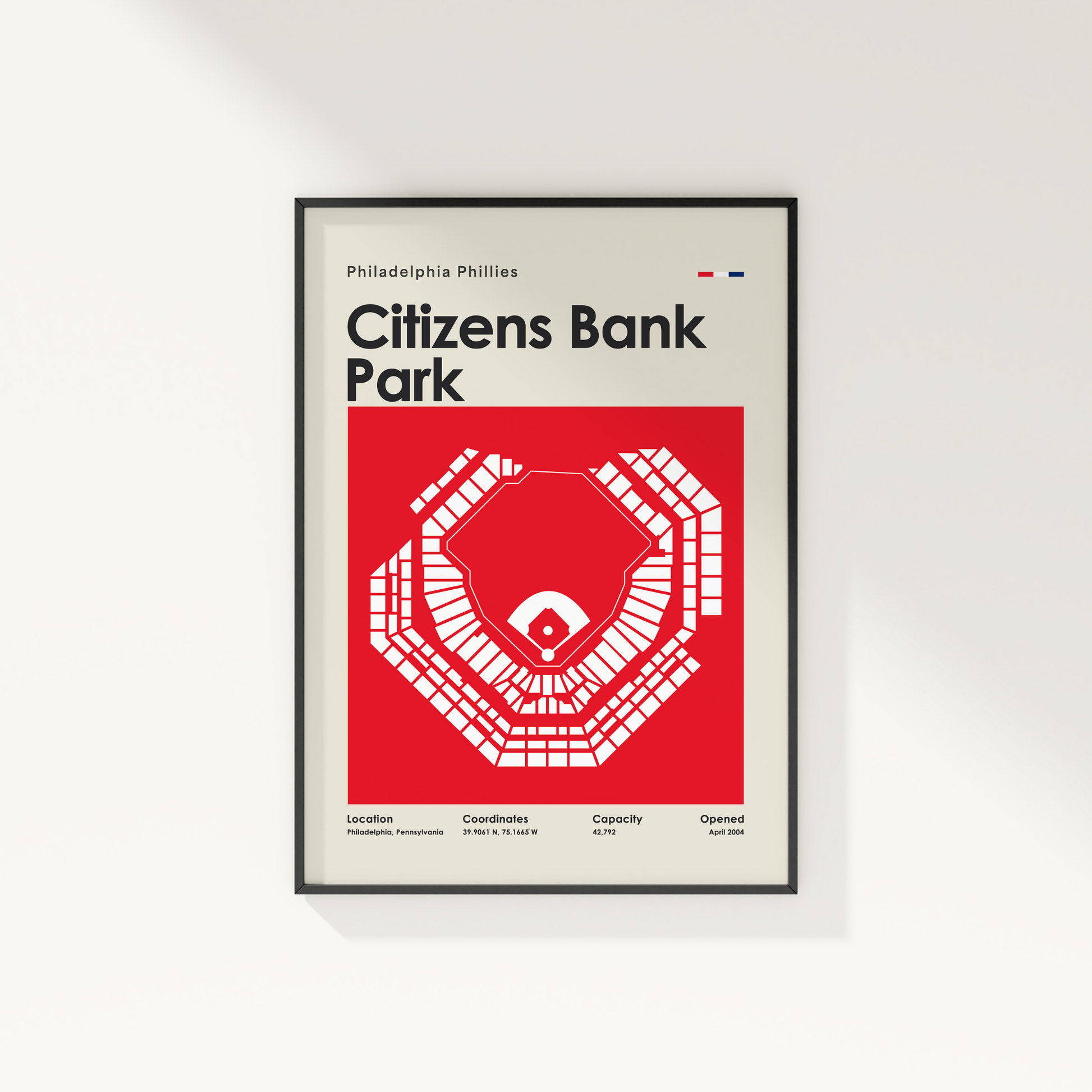 Framed poster of Citizens Bank Park with red and white design on a light gray background