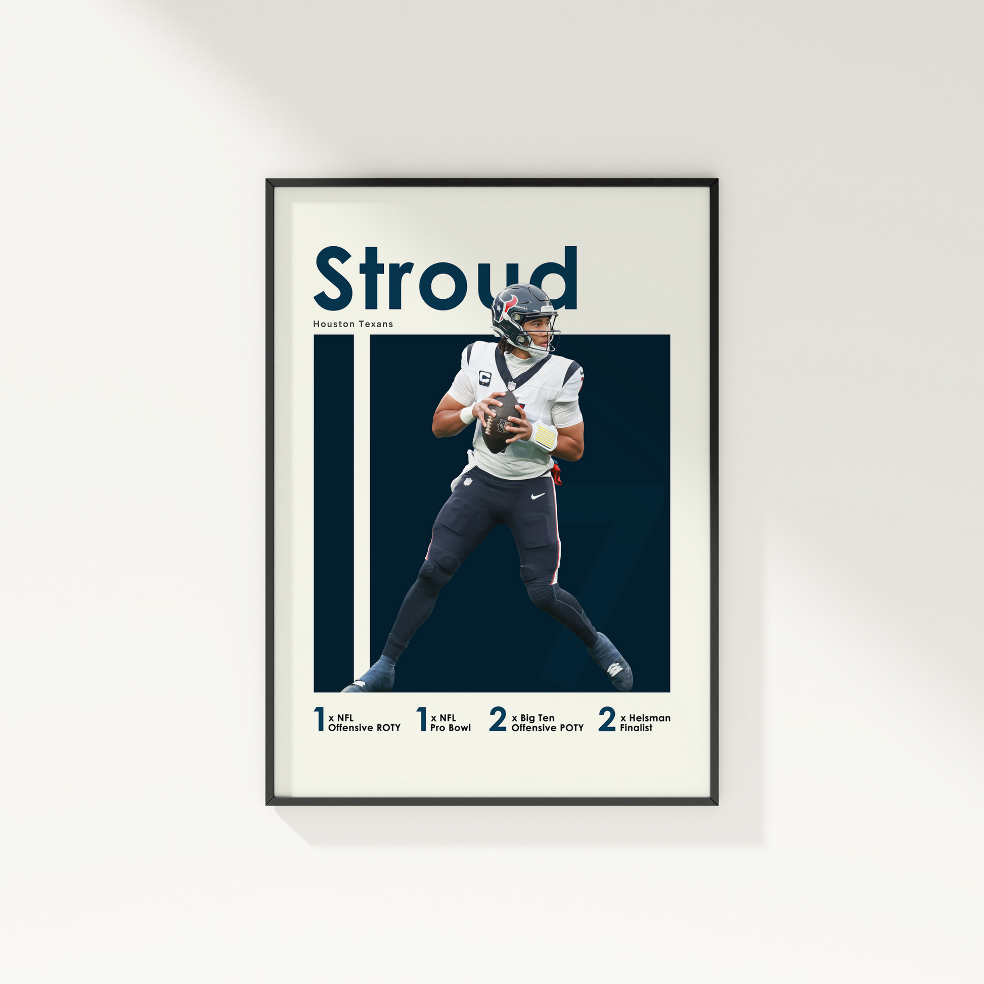 framed poster mockup of football player cj stroud hanging on a white wall