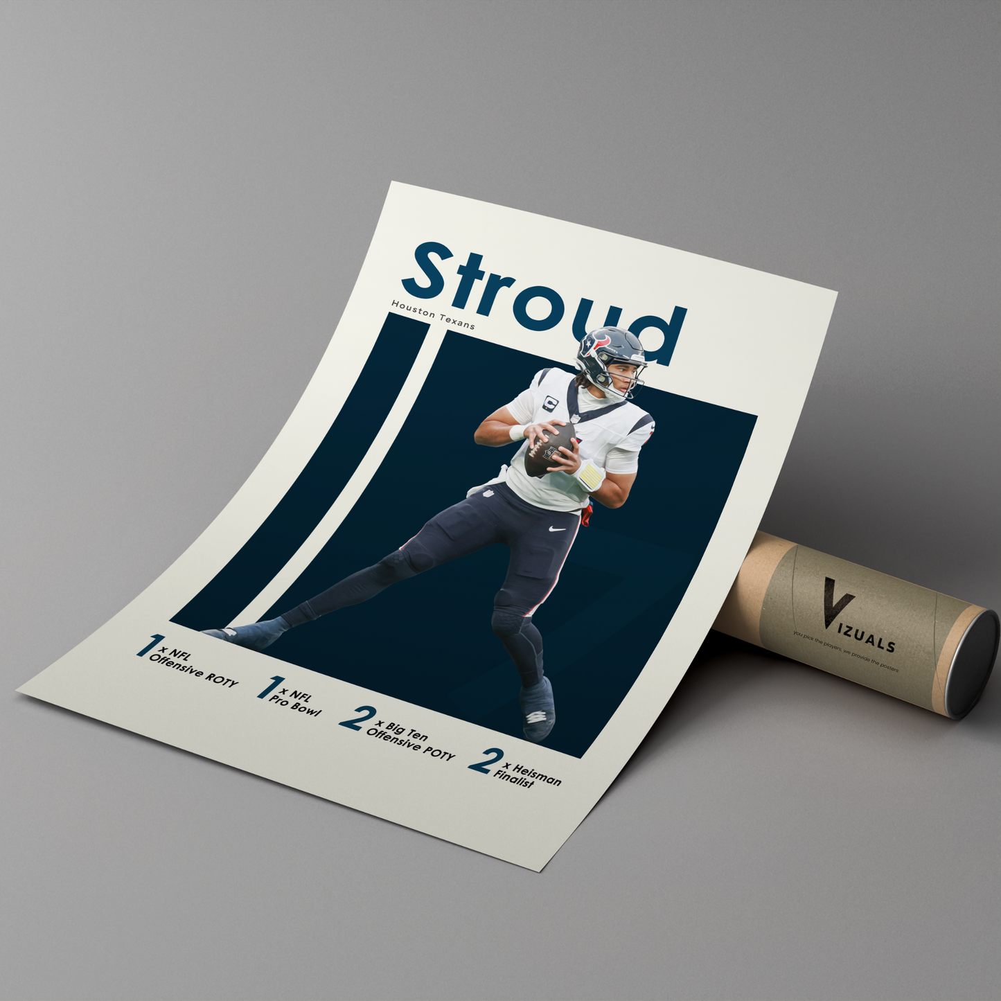 poster mockup of football player cj stroud leaning on a cardboard tube