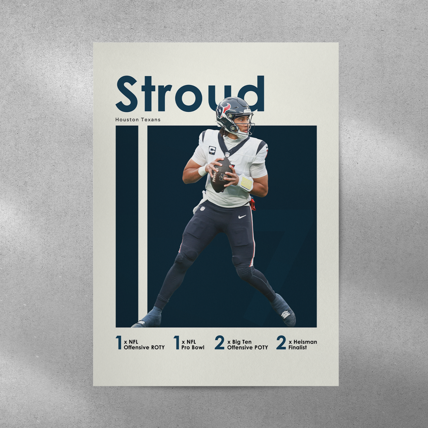 poster mockup of football player cj stroud on a grey wall