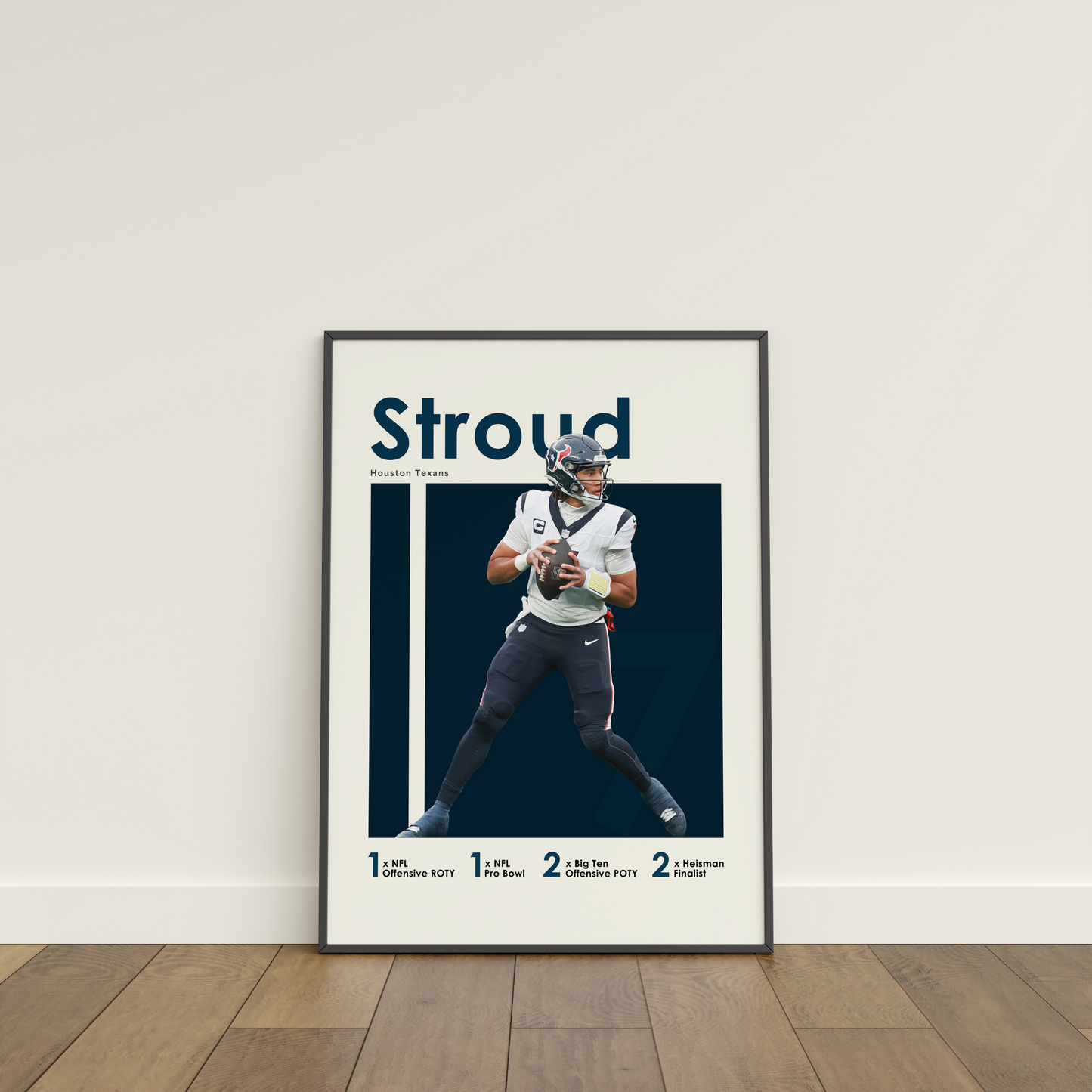 framed poster mockup of football player cj stroud leaning on a white wall