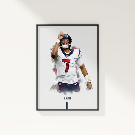 framed poster mockup of football player cj stroud hanging on a white wall