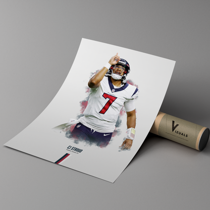 poster mockup of football player cj stroud leaning on a cardboard tube