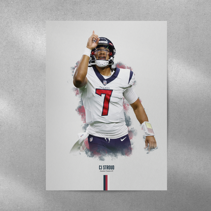 poster mockup of football player cj stroud on a grey wall