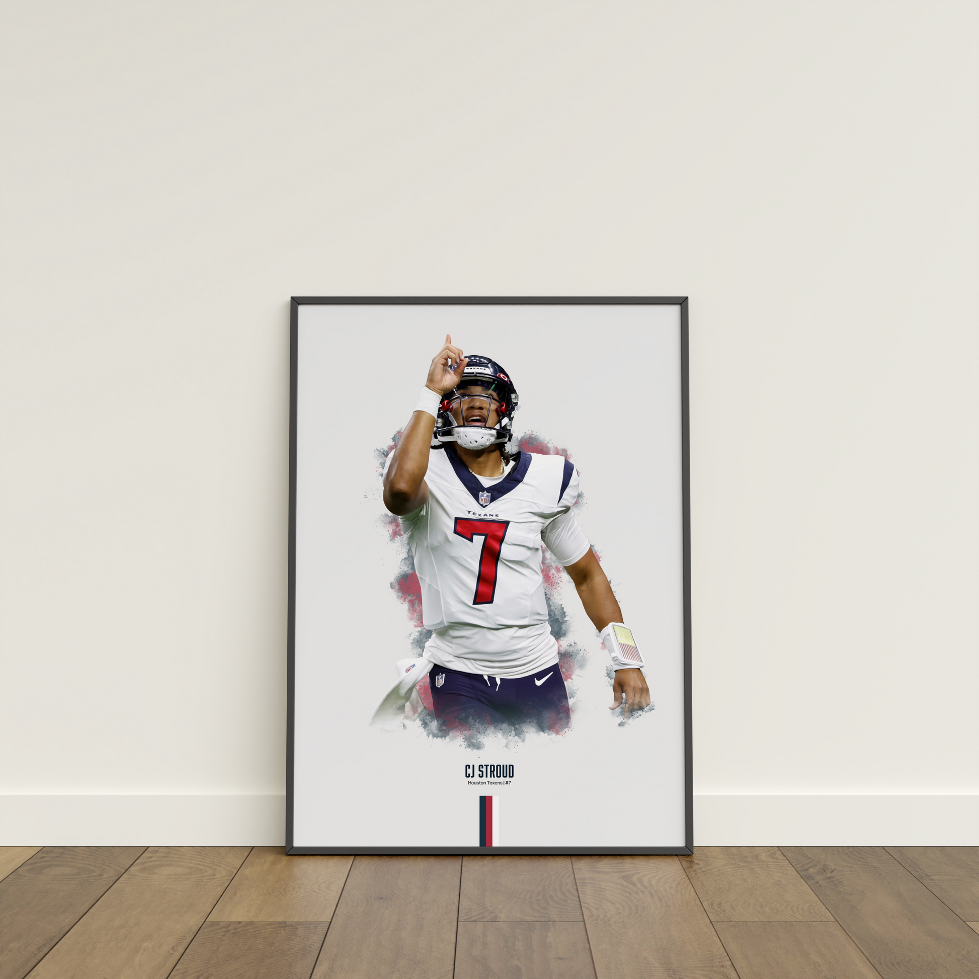 framed poster mockup of football player cj stroud leaning on a white wall