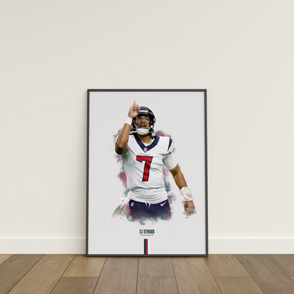 framed poster mockup of football player cj stroud leaning on a white wall