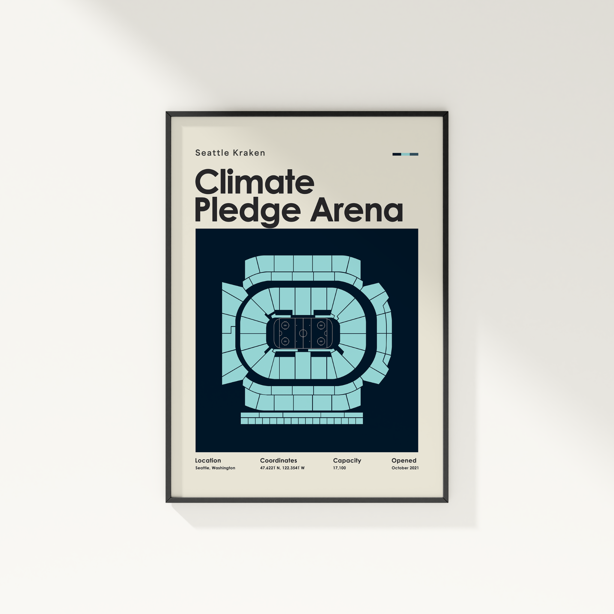 Framed poster of Climate Pledge Arena with arena layout and text on a white background