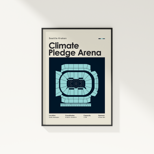 Framed poster of Climate Pledge Arena with arena layout and text on a white background