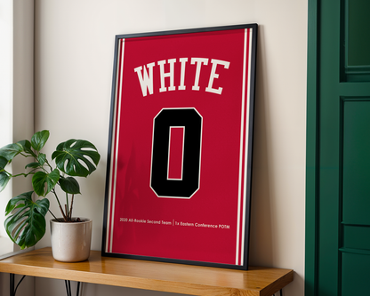 Framed red jersey with 'WHITE' and number '0' on a wooden shelf.