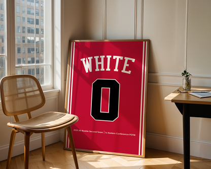 Red sports jersey with 'WHITE' and number '0' displayed in a room with a chair and table.