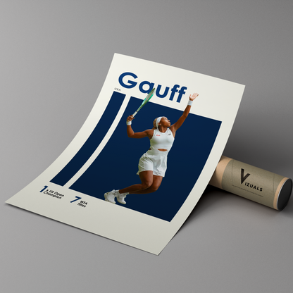 poster mockup of tennis player coco gauff leaning on a cardboard tube