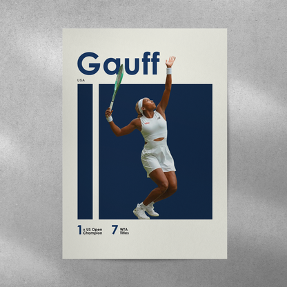 poster mockup of tennis player coco gauff on a grey wall