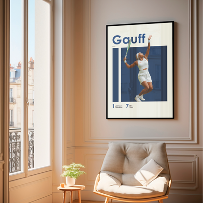 framed poster mockup of tennis player coco gauff hanging in a living room