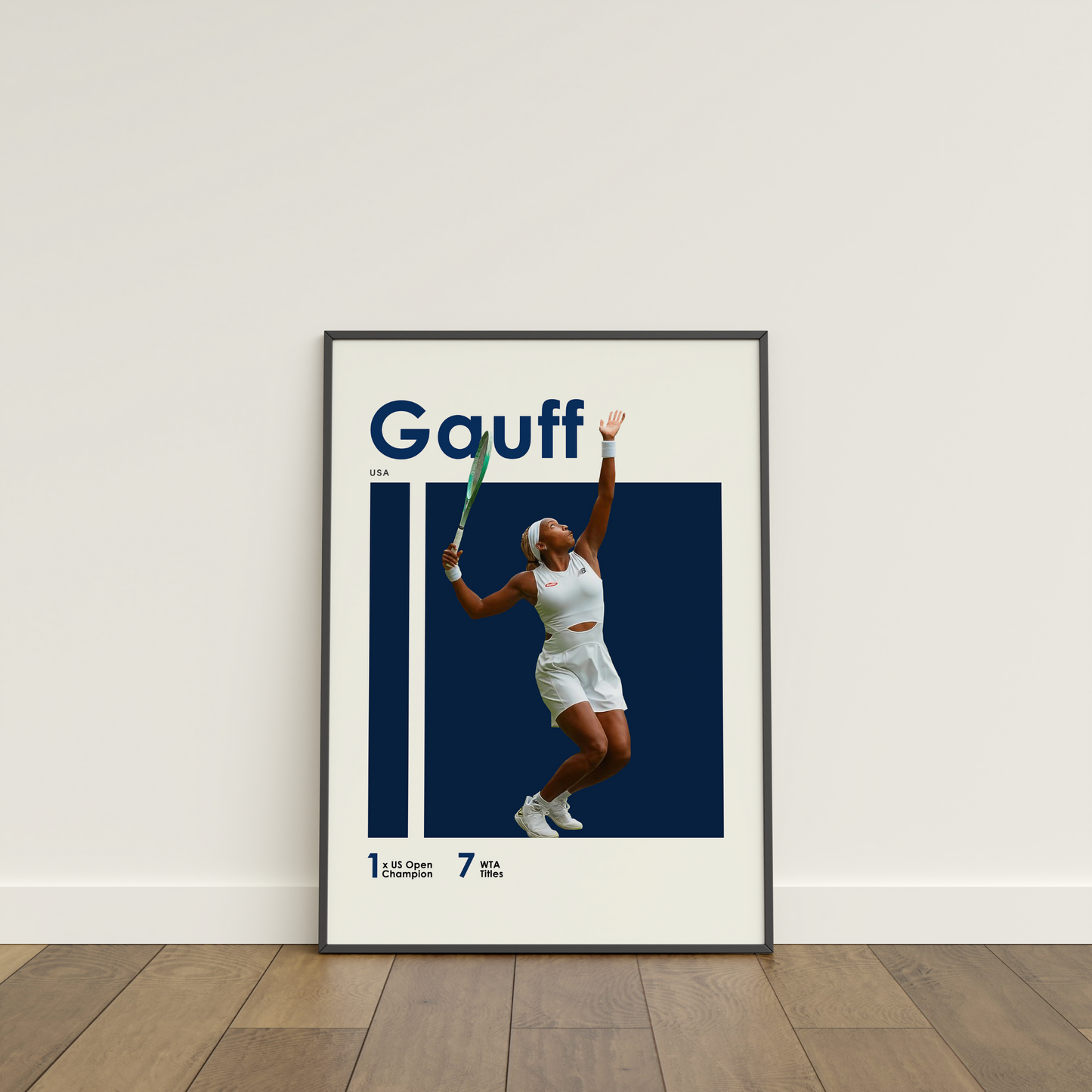 framed poster mockup of tennis player coco gauff leaning on a white wall