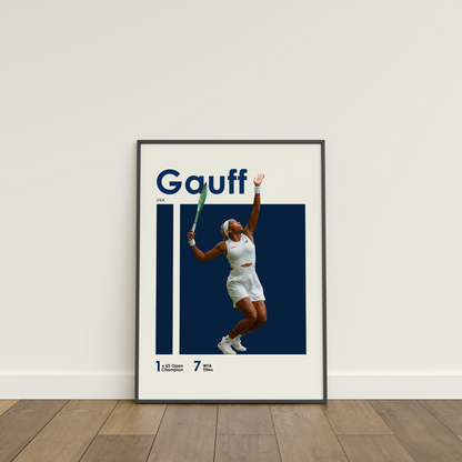 framed poster mockup of tennis player coco gauff leaning on a white wall