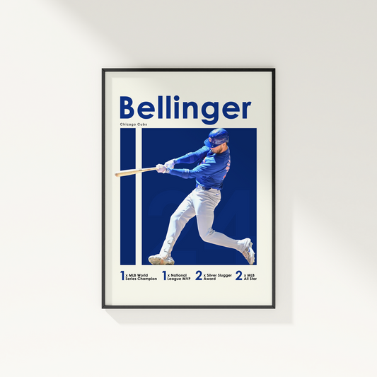 framed poster mockup of baseball player cody bellinger hanging on a white wall