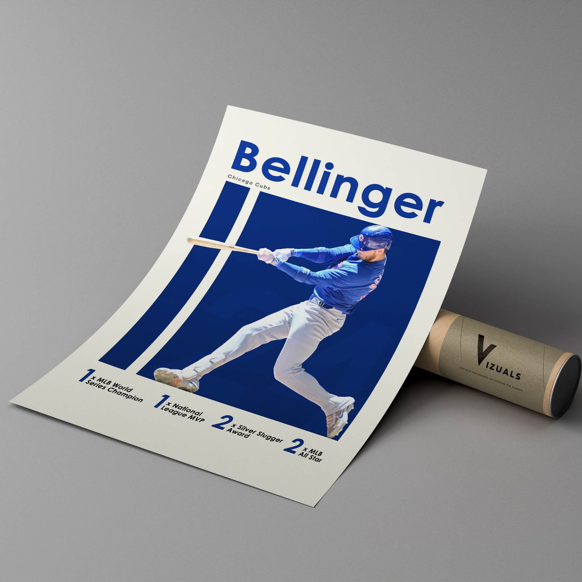 poster mockup of baseball player cody bellinger leaning on a cardboard tube