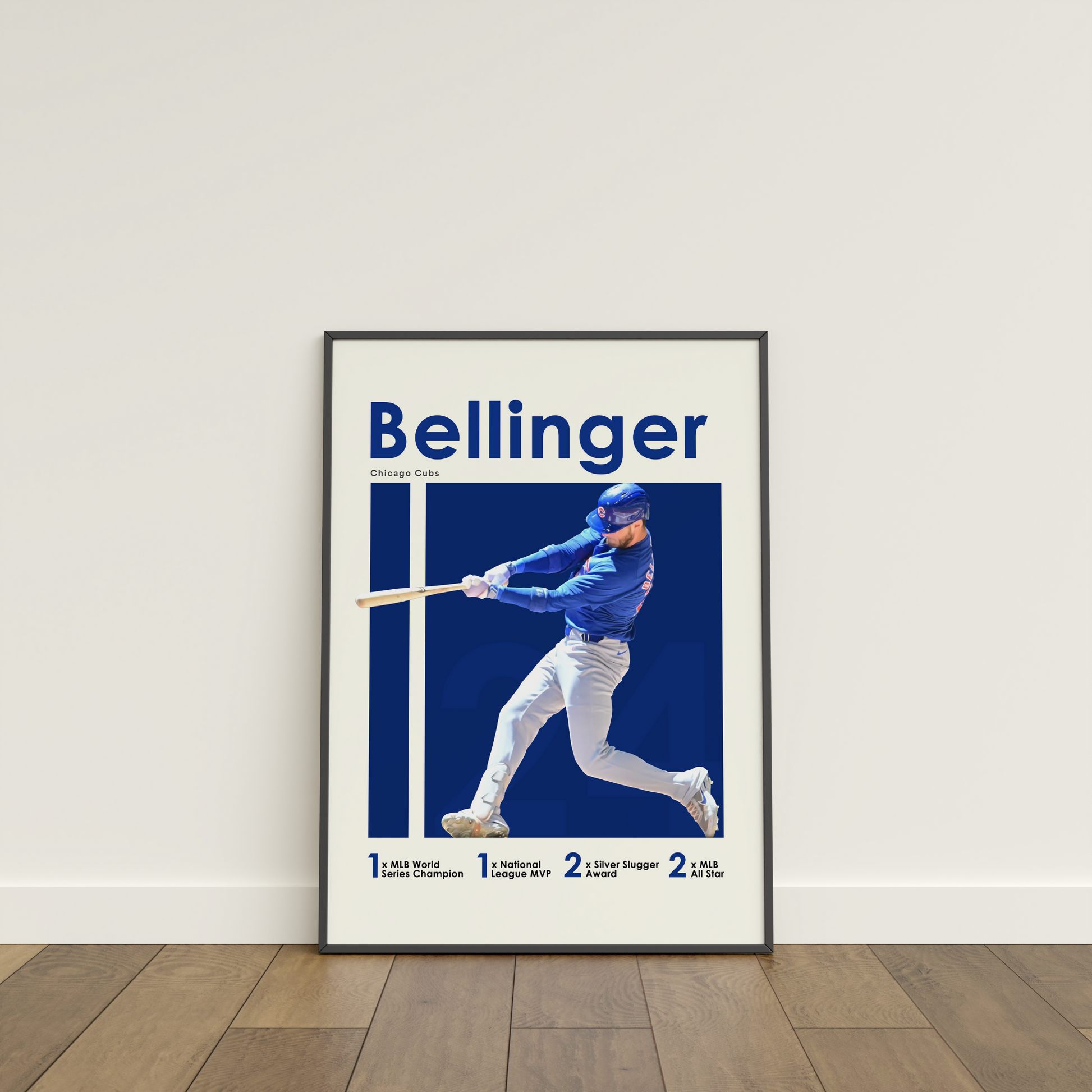 framed poster mockup of baseball player cody bellinger leaning on a white wall