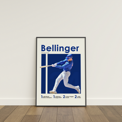 framed poster mockup of baseball player cody bellinger leaning on a white wall