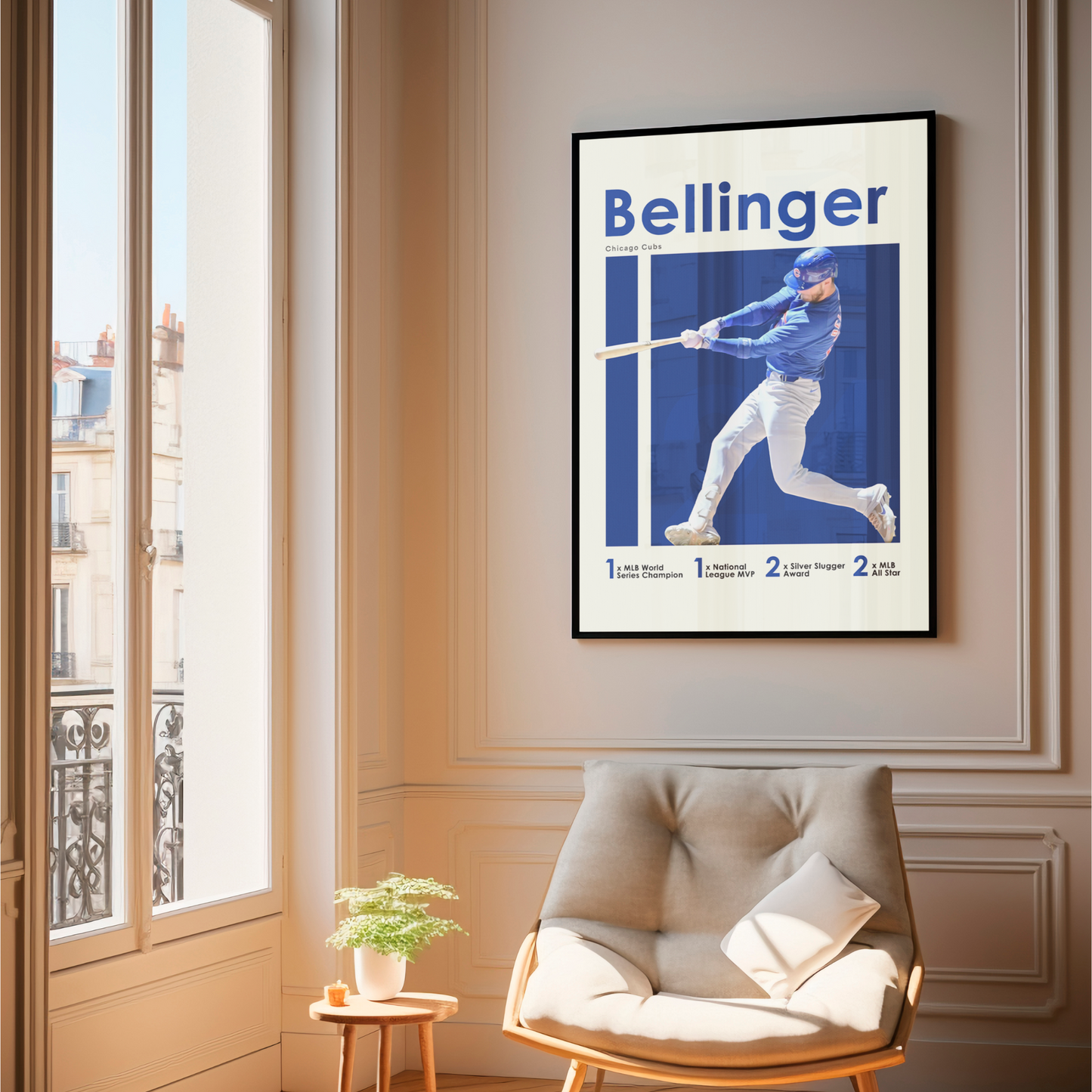 framed poster mockup of baseball player cody bellinger hanging in a living room