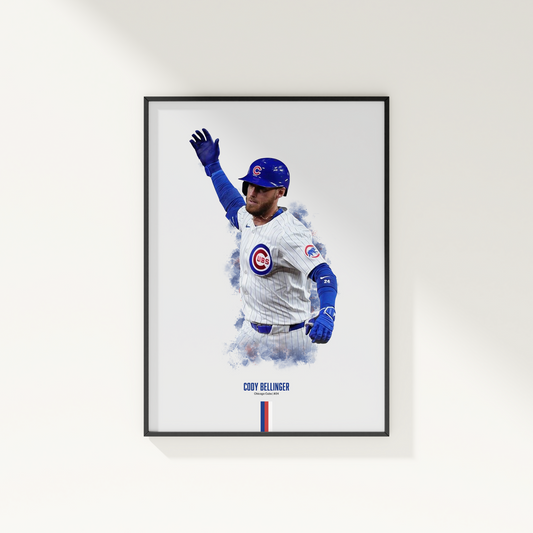 framed poster mockup of baseball player cody bellinger hanging on a white wall