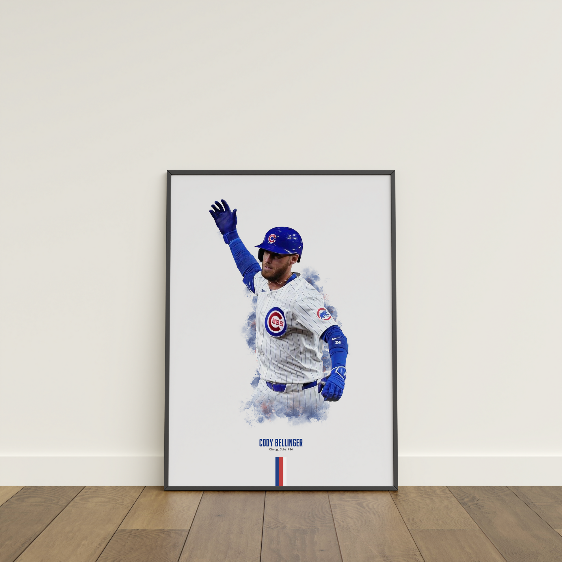 framed poster mockup of baseball player cody bellinger leaning on a white wall