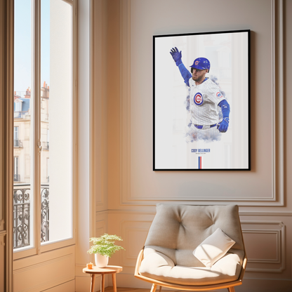 framed poster mockup of baseball player cody bellinger hanging in a living room