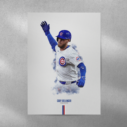 poster mockup of baseball player cody bellinger on a grey wall