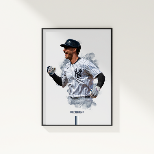 framed poster mockup hanging on a white wall. poster of baseball player cody bellinger celebrating for the new york yankees.