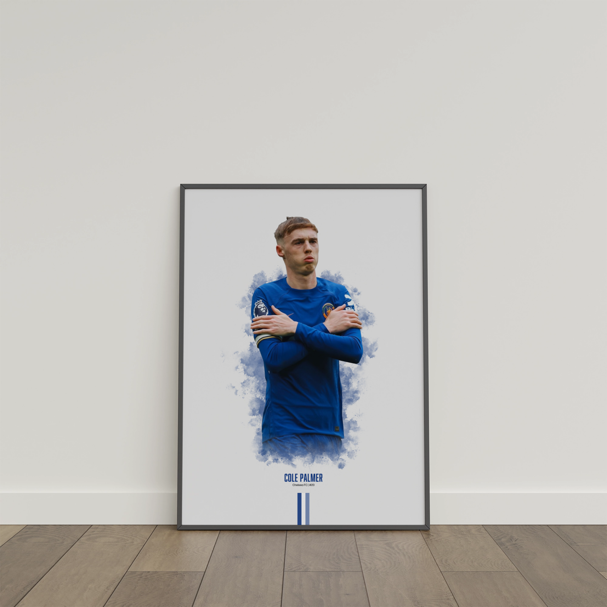 framed poster mockup of soccer player cole palmer leaning on a white wall