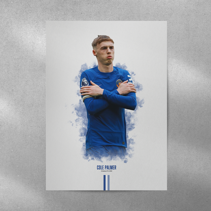 poster mockup of soccer player cole palmer on a grey wall