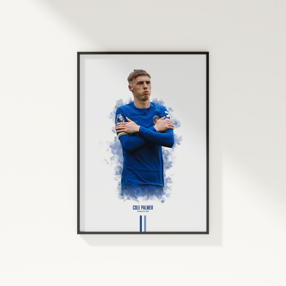 framed poster mockup of soccer player cole palmer hanging on a white wall