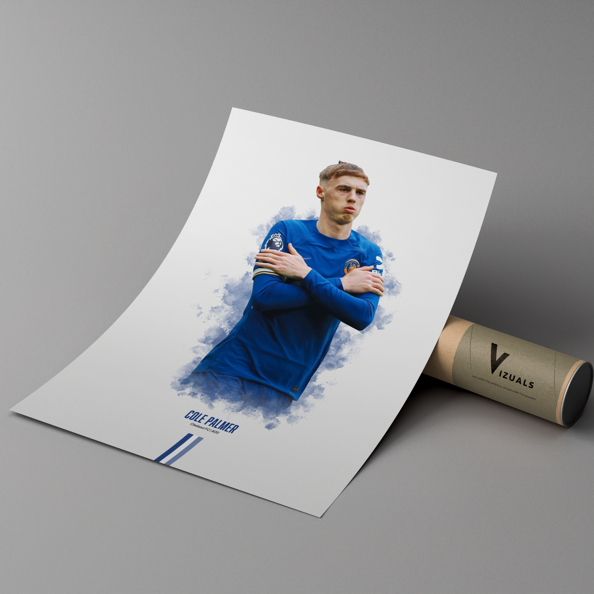 poster mockup of soccer player cole palmer leaning on a protective tube