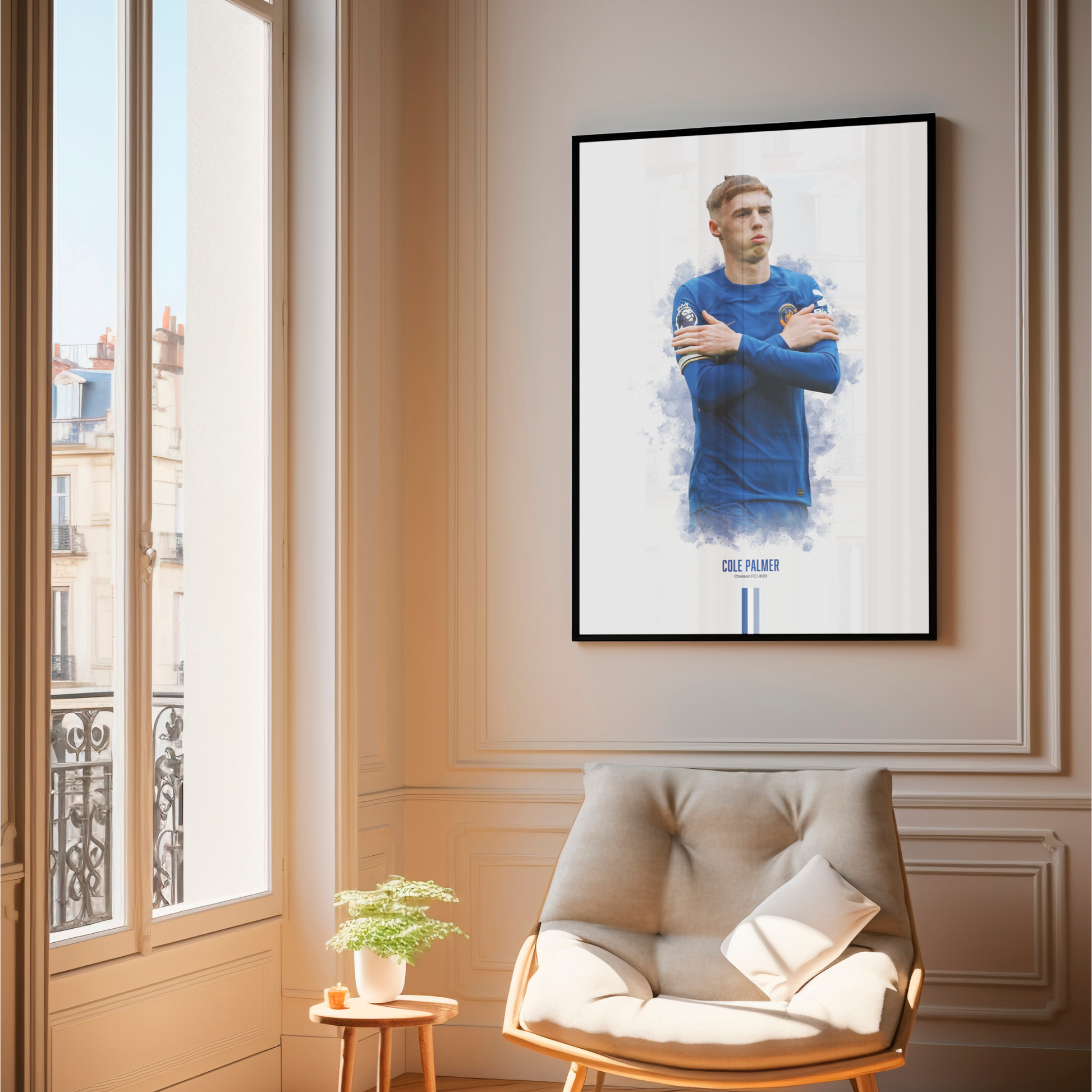 framed poster mockup of soccer player cole palmer hanging in a living room