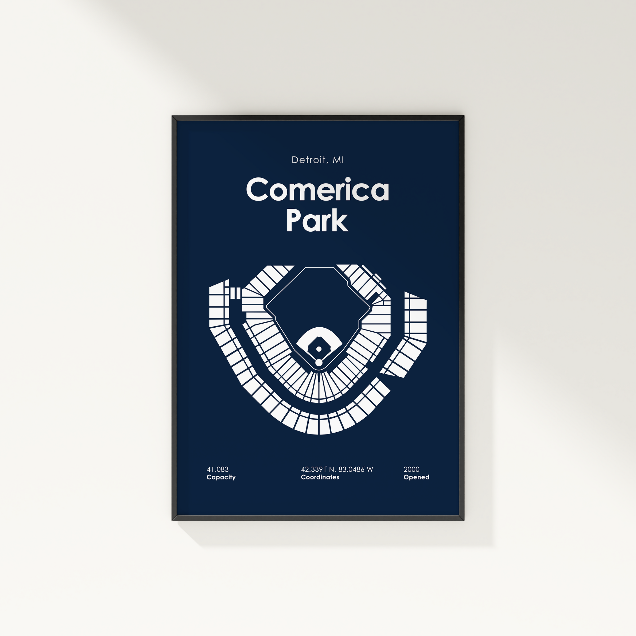 Framed poster of Comerica Park with stadium layout on a blue background
