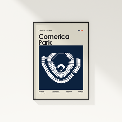 Framed poster of Comerica Park with Detroit Tigers text on a white wall.