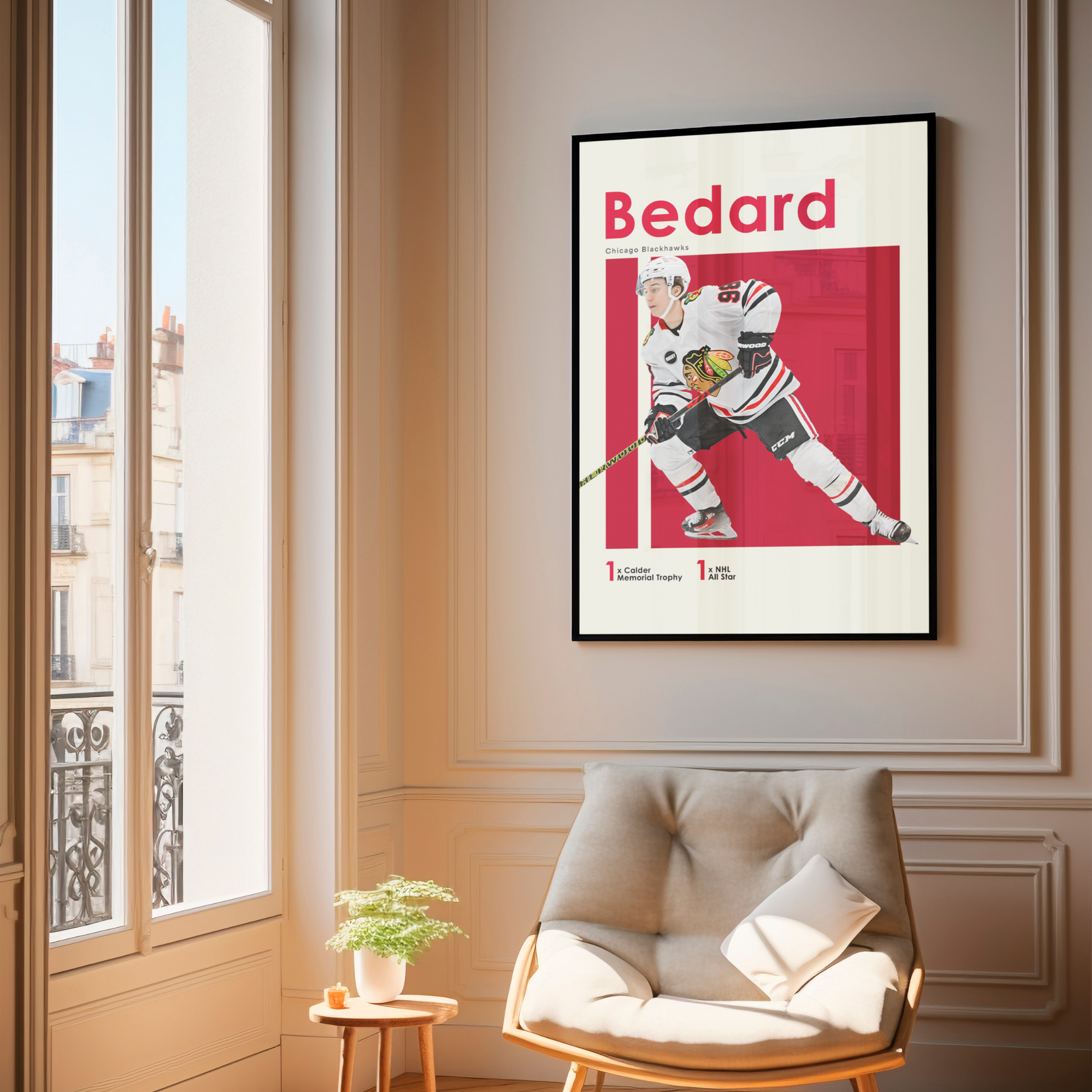 framed poster mockup of hockey player connor bedard hanging in a living room