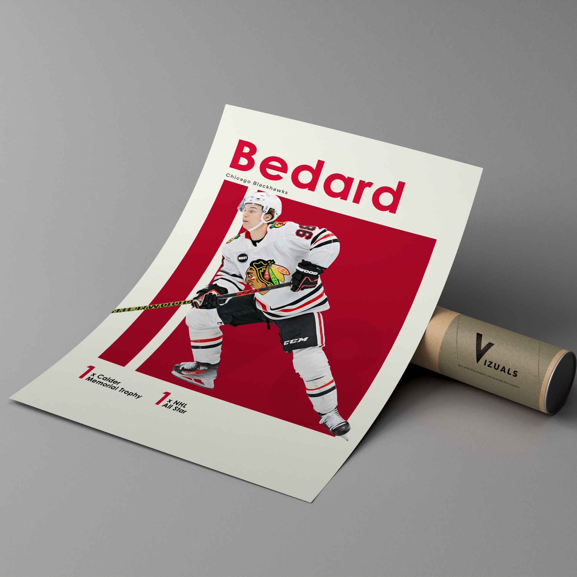 poster mockup of hockey player connor bedard leaning on a branded cardboard tube