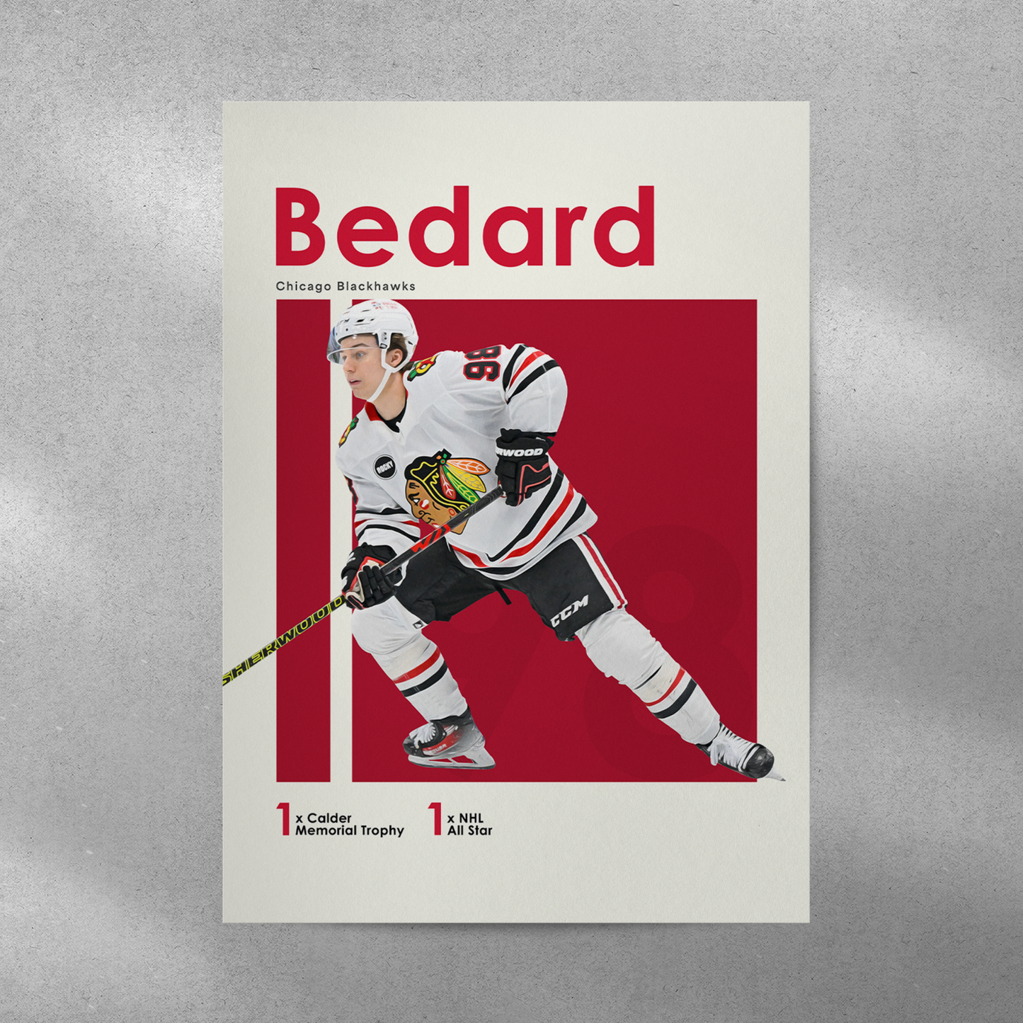 poster mockup of hockey player connor bedard on a grey wall