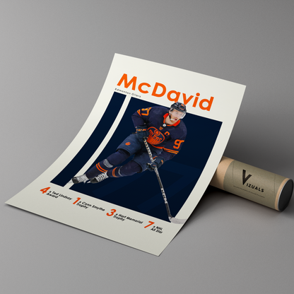 poster mockup of hockey player connor mcdavid leaning on a branded cardboard tube