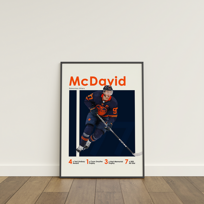 framed poster mockup of hockey player connor mcdavid leaning on a white wall